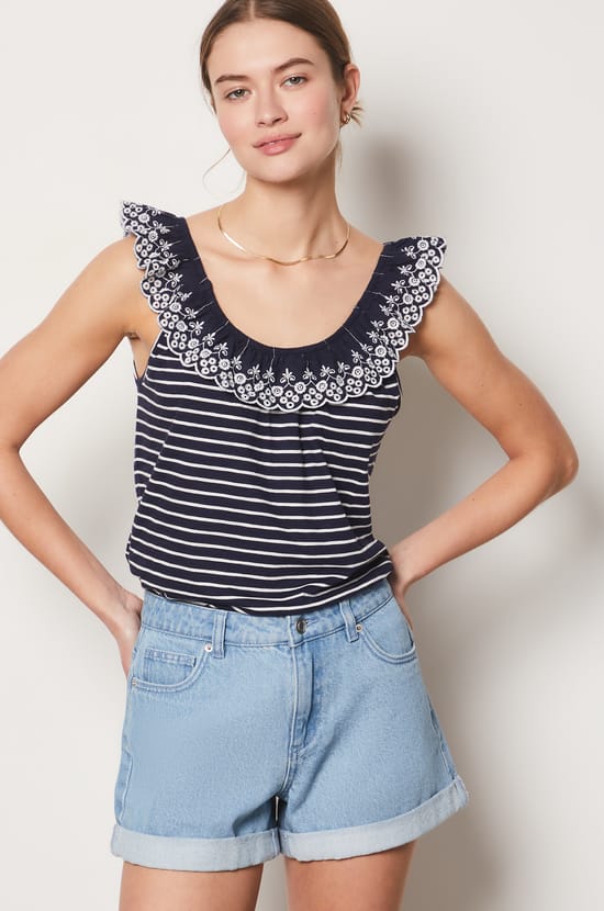 Ruffled Neck Tank Top;${refinementColor}