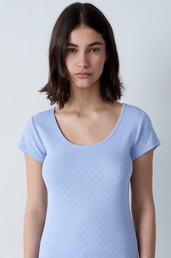 T-shirt de pyjama manches courtes en coton en pointelle;${refinementColor}