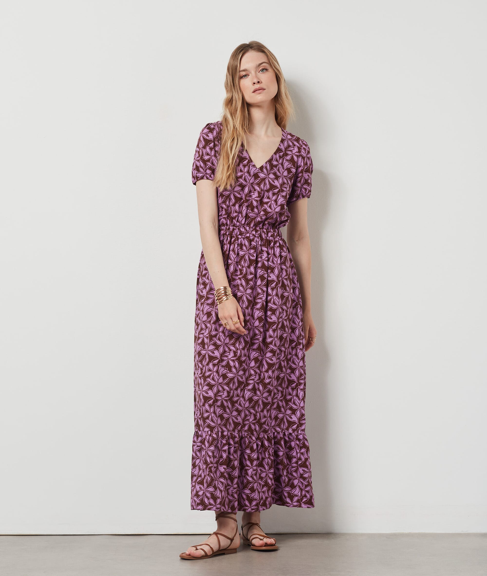 Robe longue imprim?�e FELICITA IMP FD MARRON - ETAM