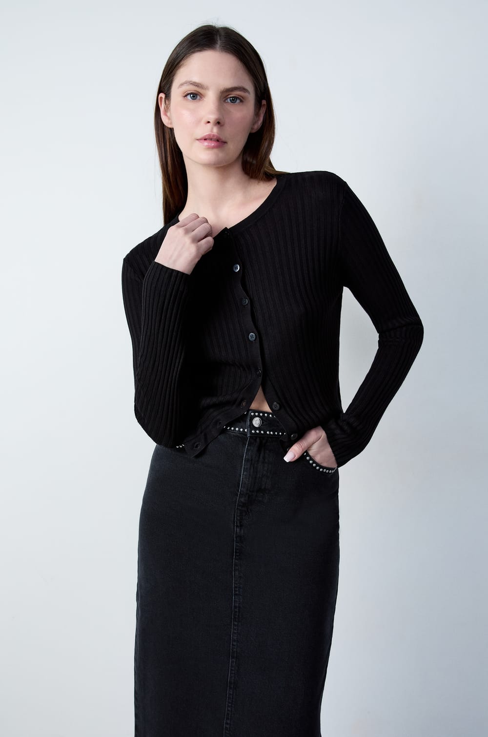 Knitted Button-Up Cardigan;${refinementColor}