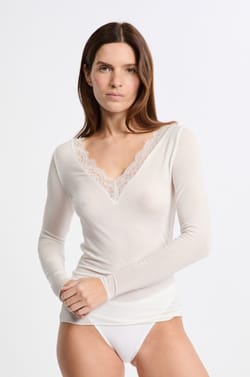 T-shirt thermique col V avec cachemire;${refinementColor}