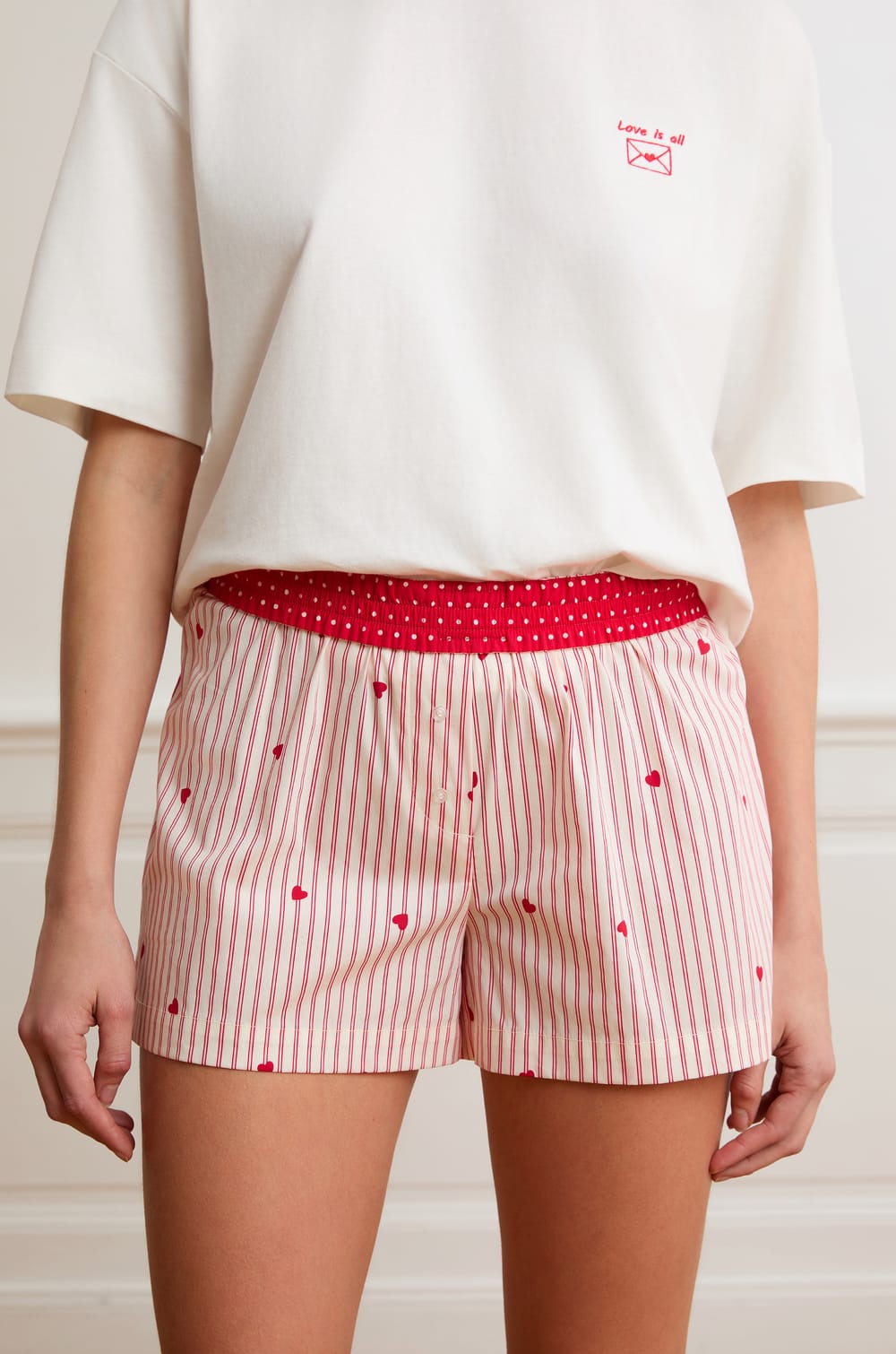 Striped And Heart-Patterned Pajama Shorts In Cotton;${refinementColor}