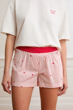Striped And Heart-Patterned Pajama Shorts In Cotton;${refinementColor}
