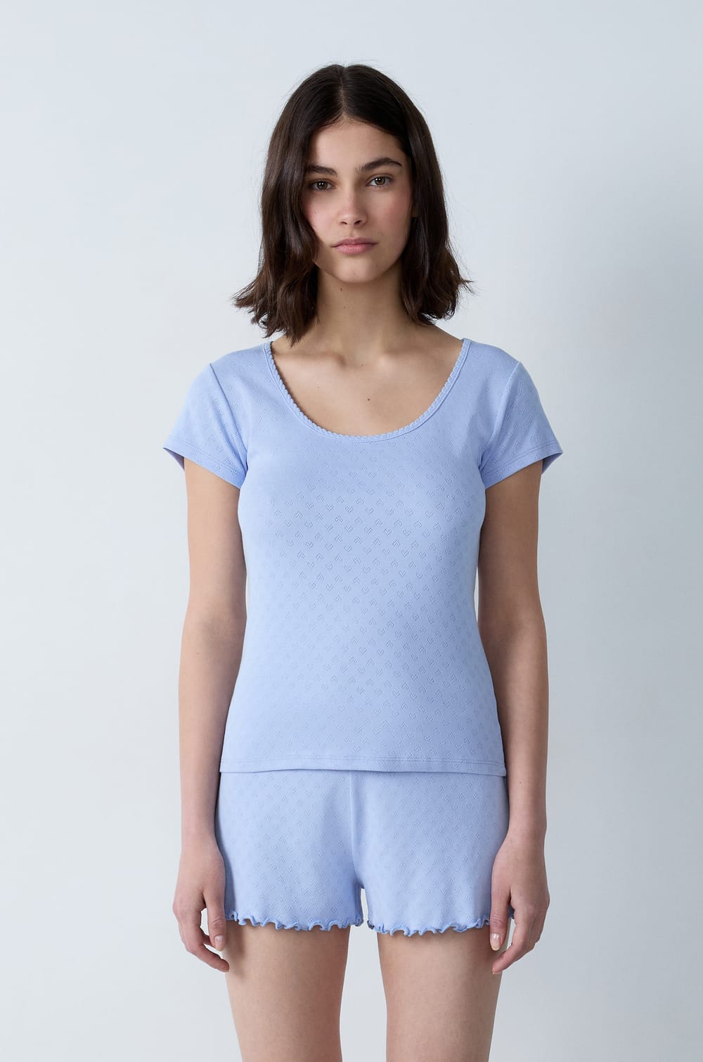 T-shirt de pyjama manches courtes en coton en pointelle;${refinementColor}