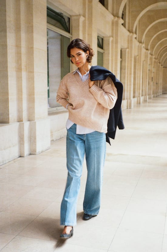 Pull manches longues &agrave; col V;${refinementColor}
