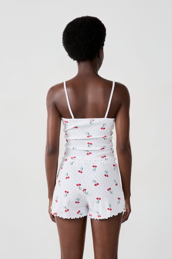 Cherry print pointelle cotton shorts;${refinementColor}