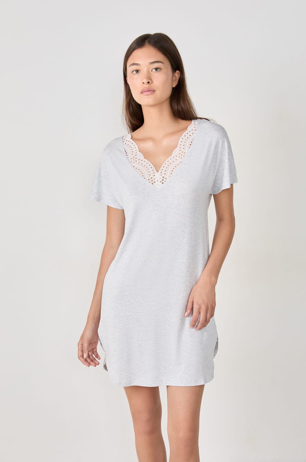 Modal Nightshirt With Lace Neckline;${refinementColor}
