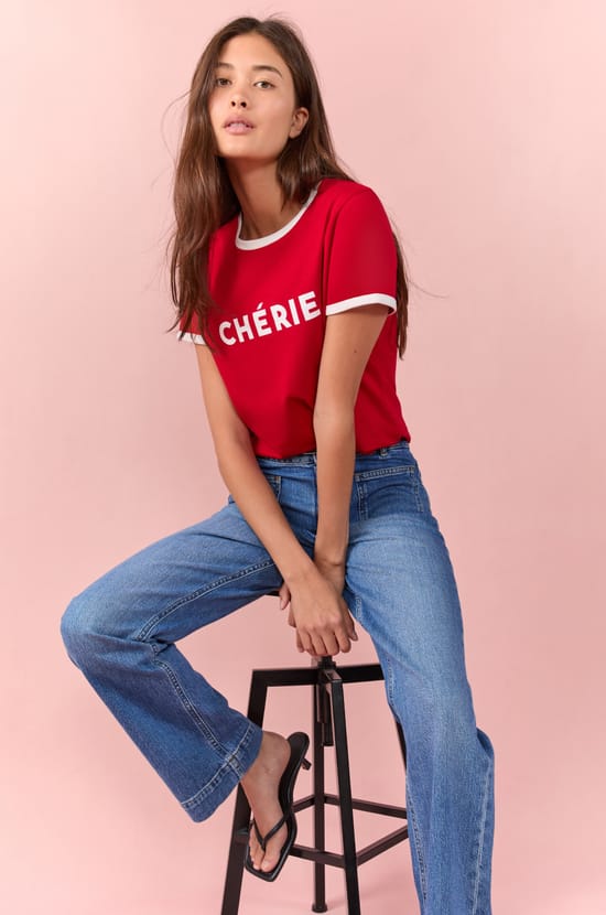Short-sleeved T-shirt with "Chérie" print;${refinementColor}