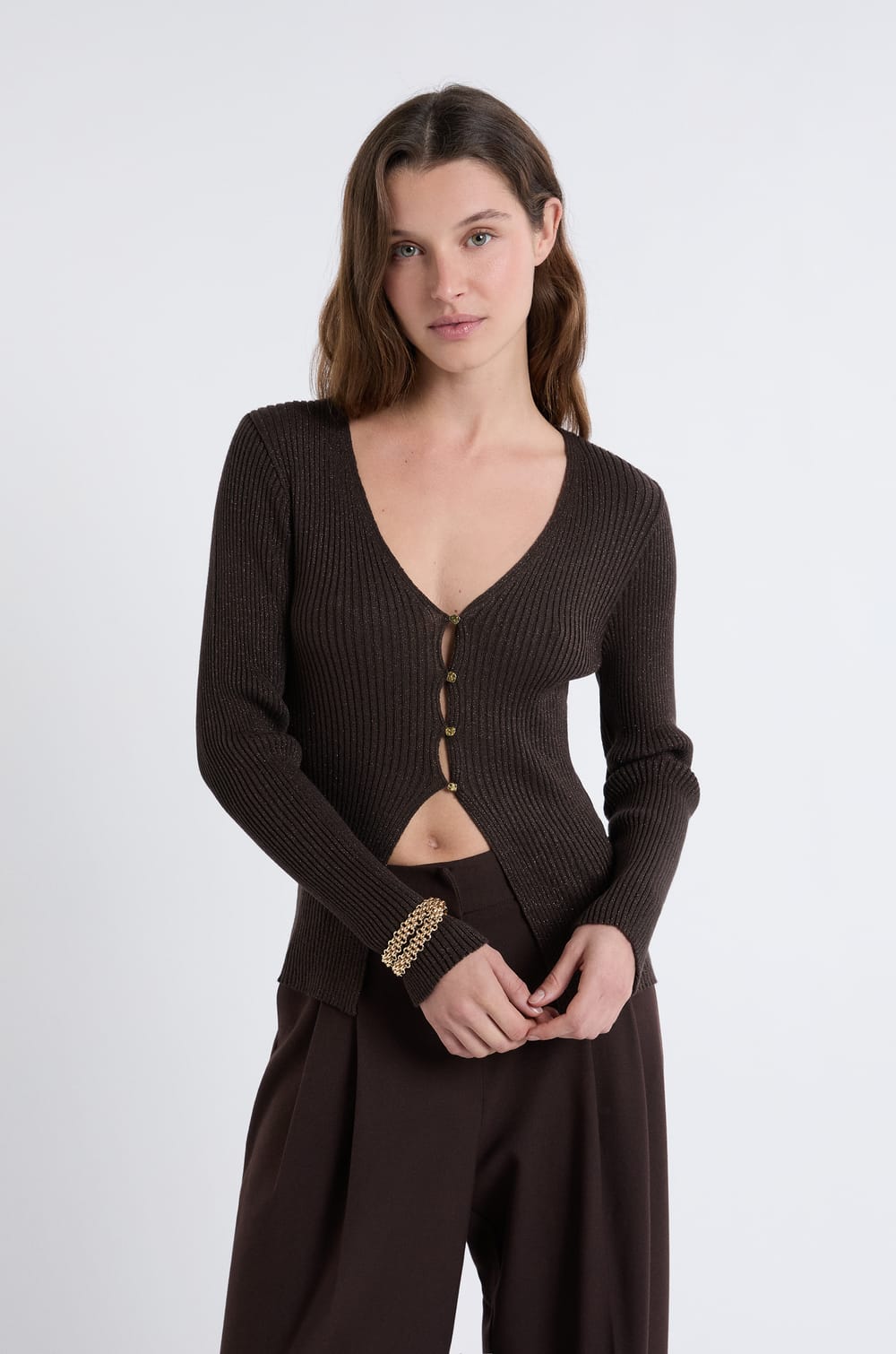 Cardigan irisé avec boutons dorés;${refinementColor}