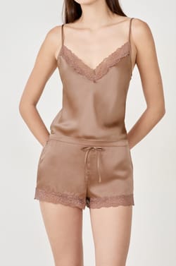 Silk pyjama shorts with lace details;${refinementColor}