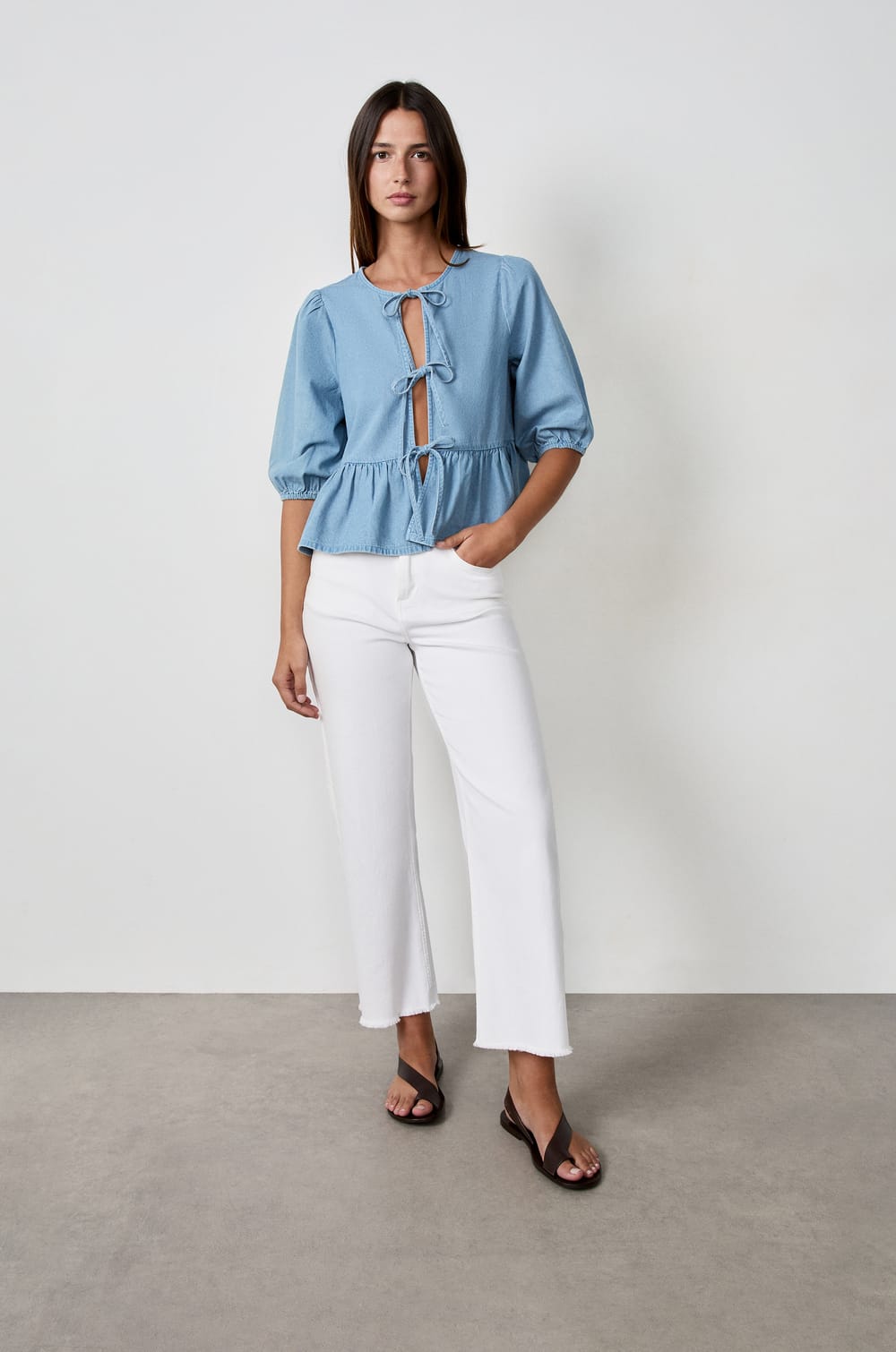 Front-tie shirt with denim effect;${refinementColor}