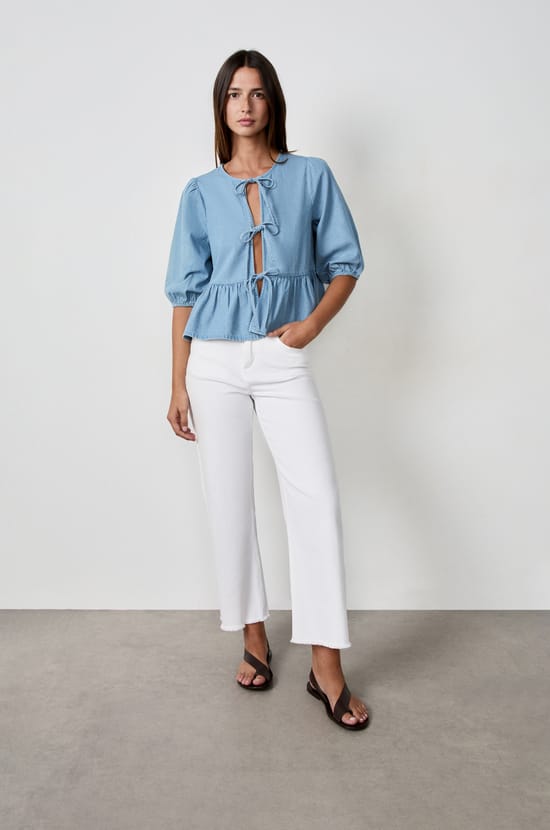 Front-tie shirt with denim effect;${refinementColor}