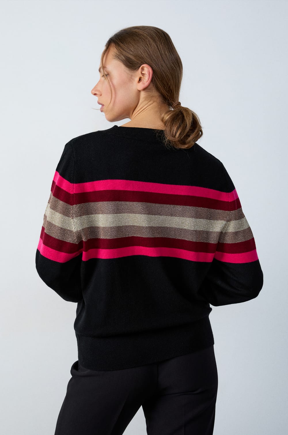 Round Neck Striped and Iridescent Sweater;${refinementColor}