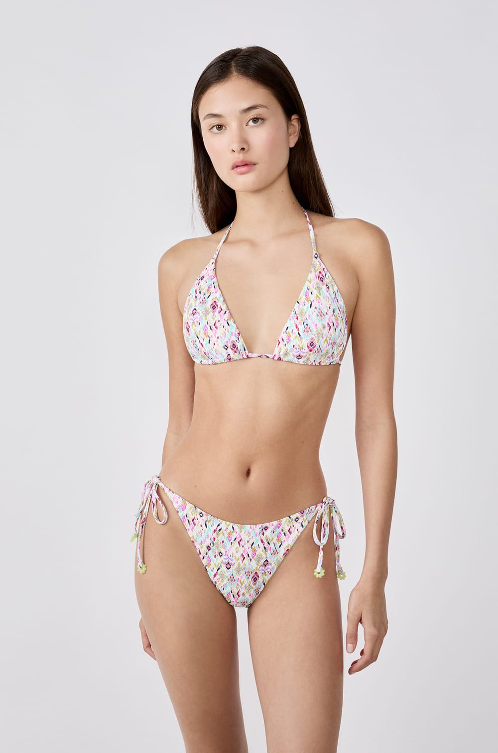 Tie-side Brazilian bikini bottom with patterns;${refinementColor}