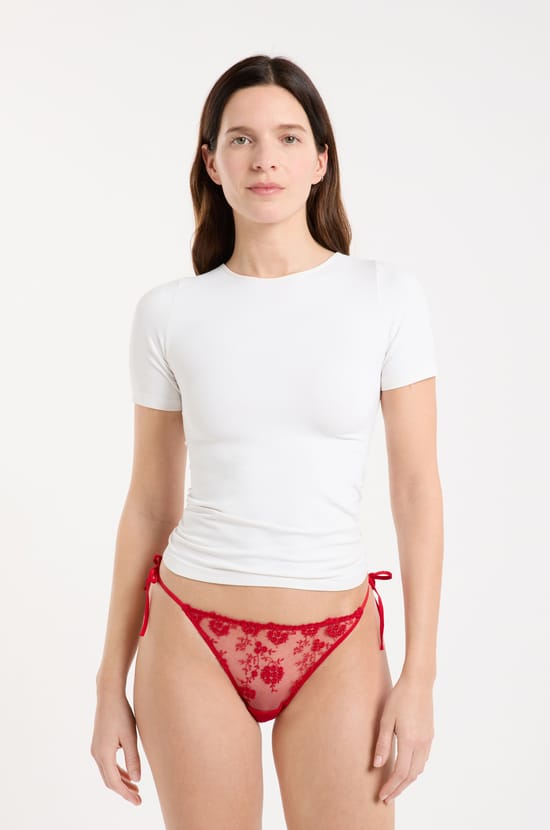 Tie-side thong in embroidered tulle;${refinementColor}