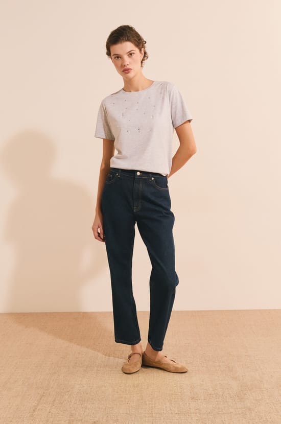 T-shirt &agrave; manches courtes en coton avec strass;${refinementColor}