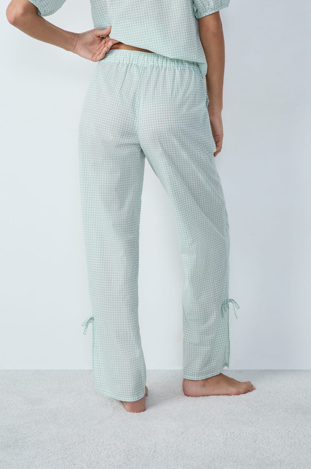 Cotton Straight-Cut Checkered Pyjama Trousers with Bow Details;${refinementColor}