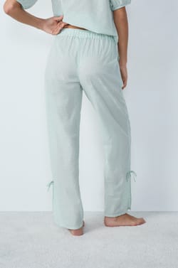 Cotton Straight-Cut Checkered Pyjama Trousers with Bow Details;${refinementColor}