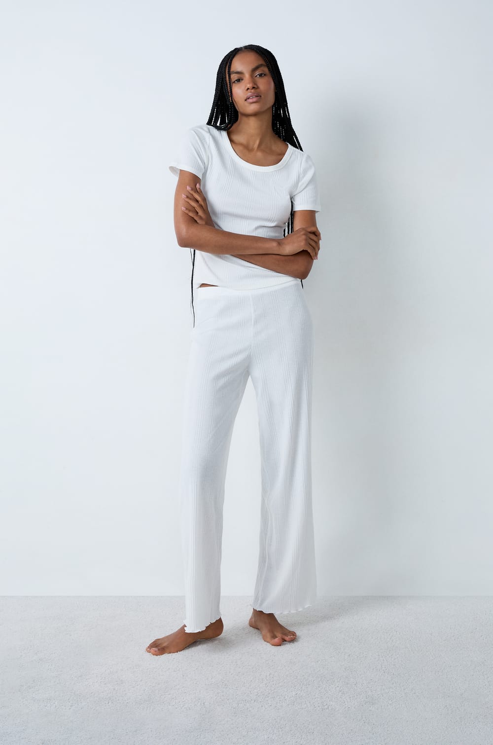 Cotton ribbed pyjama trousers;${refinementColor}