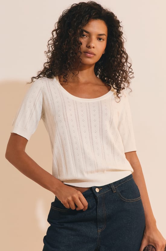 T-shirt manches courtes effet pointelle;${refinementColor}