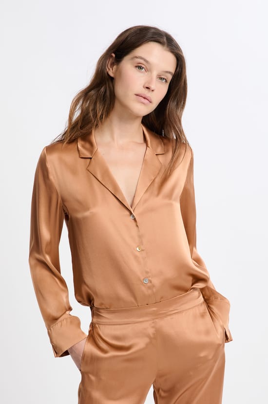 Chemise de pyjama manches longues en soie;${refinementColor}