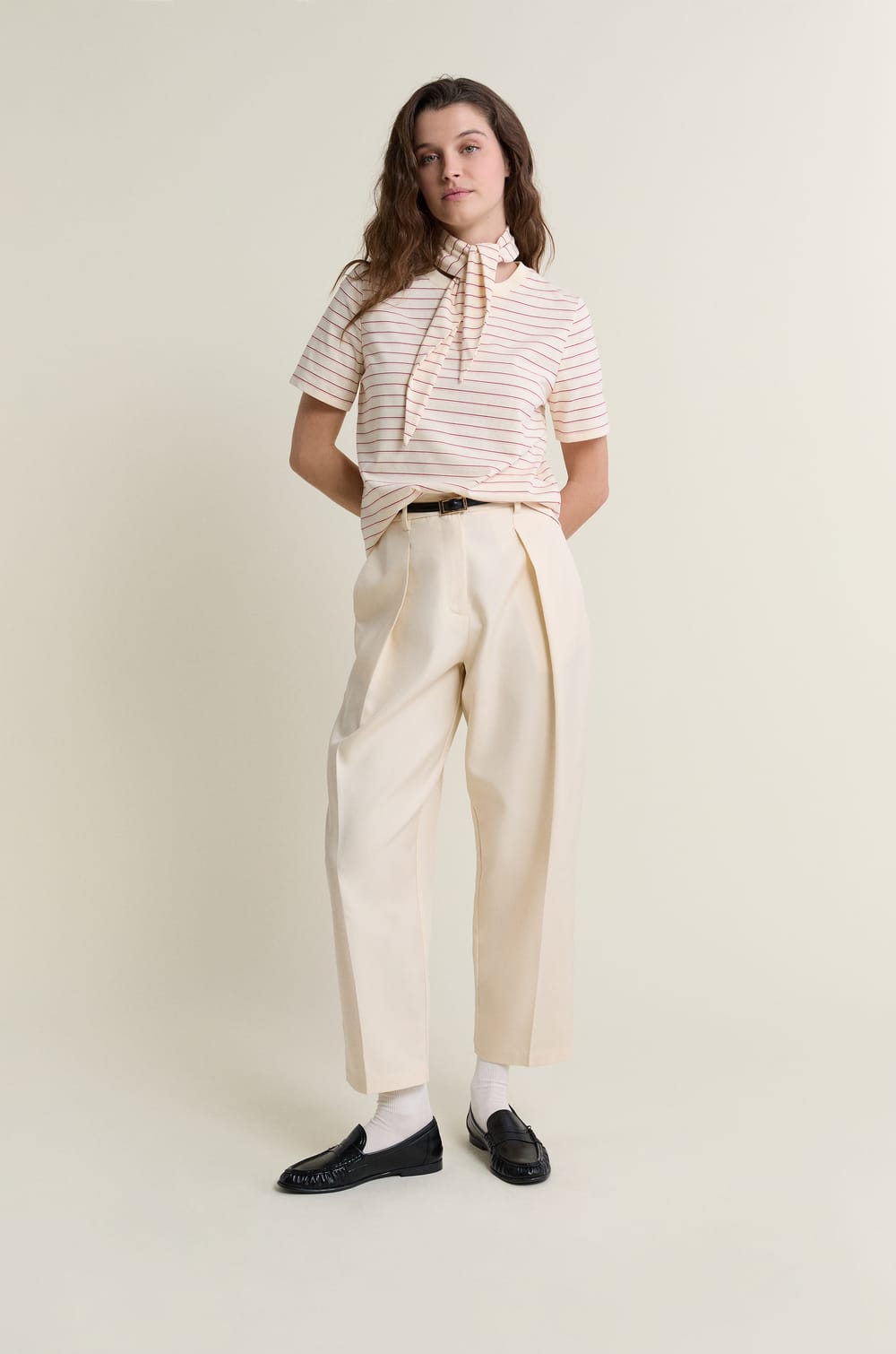 Short-sleeved striped cotton t-shirt with foulard detail;${refinementColor}