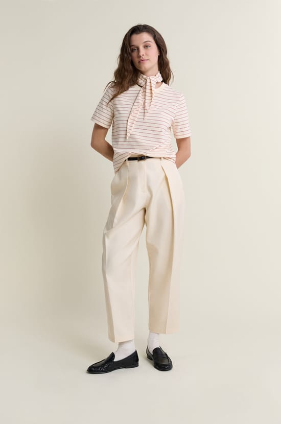 Short-sleeved striped cotton t-shirt with foulard detail;${refinementColor}