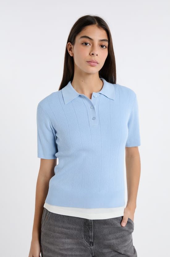 Short-sleeved polo in fine pointelle knit;${refinementColor}