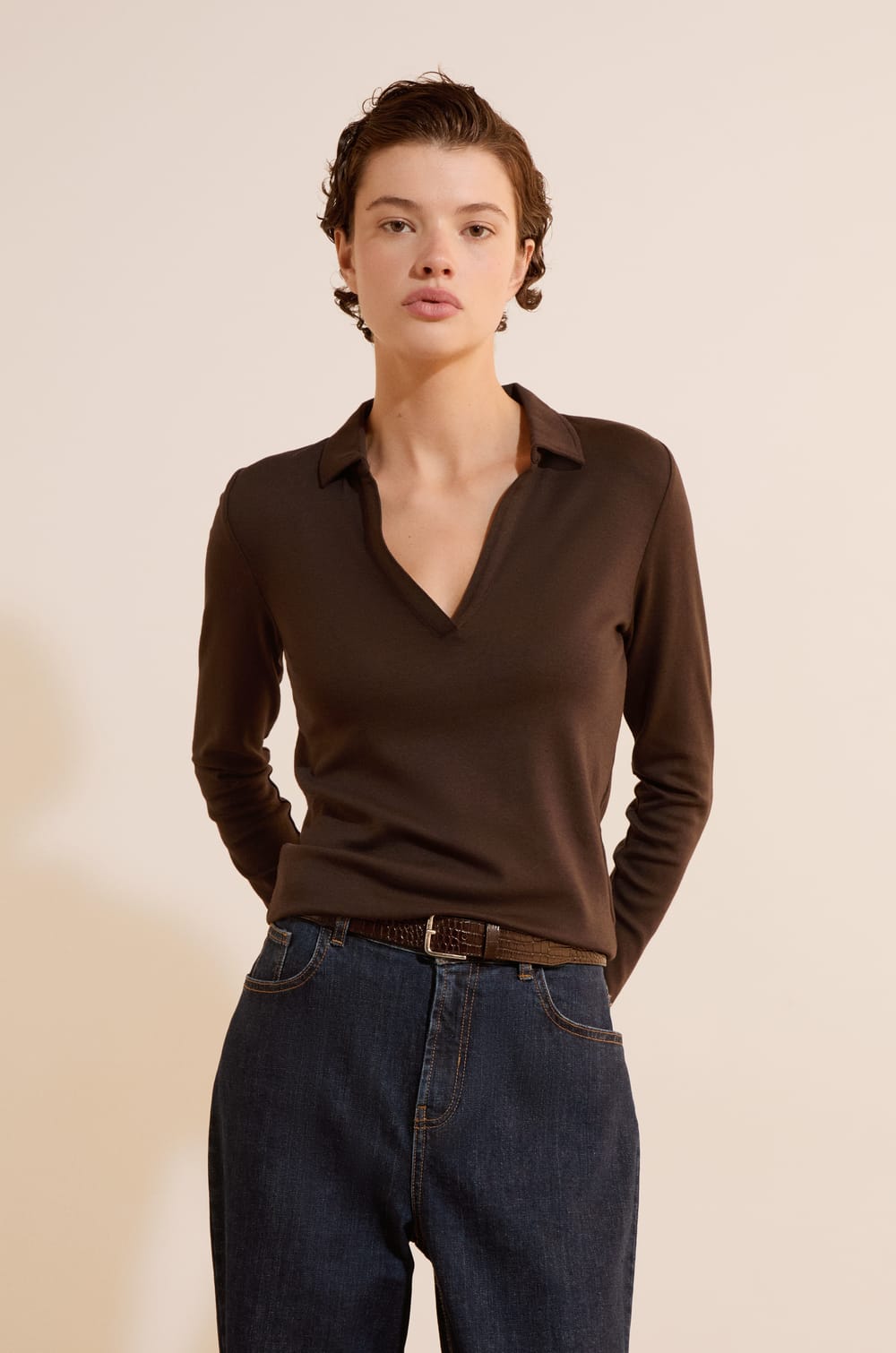 T-shirt col polo avec coton modal;${refinementColor}
