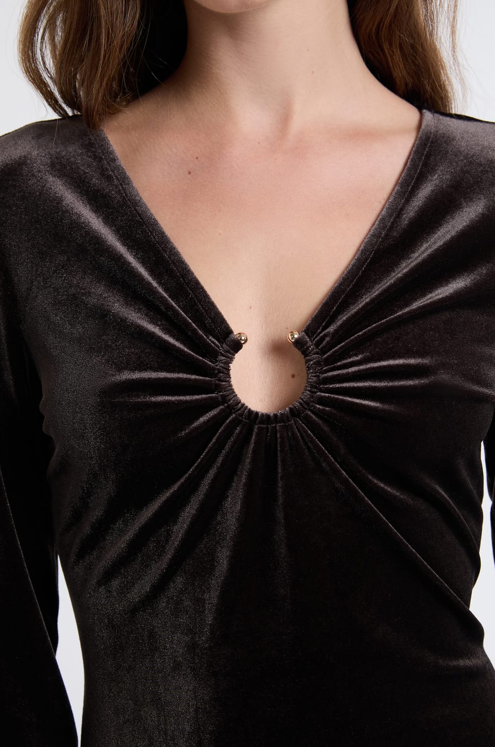 Long-Sleeve Velvet Dress With Ring Detail;${refinementColor}