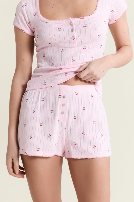 Short de pyjama &agrave; motifs en coton en pointelle;${refinementColor}