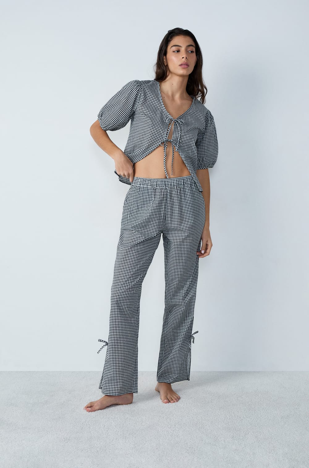 Straight-cut cotton pyjama trousers with checkered pattern and bow details;${refinementColor}