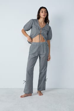 Straight-cut cotton pyjama trousers with checkered pattern and bow details;${refinementColor}