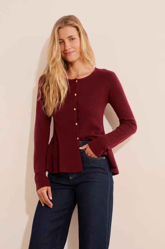 Cardigan peplum &agrave; boutons dor&eacute;s;${refinementColor}