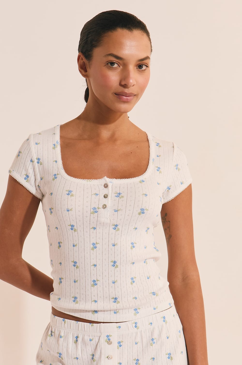 Tshirt de pyjama &agrave; motifs en coton en pointelle;${refinementColor}