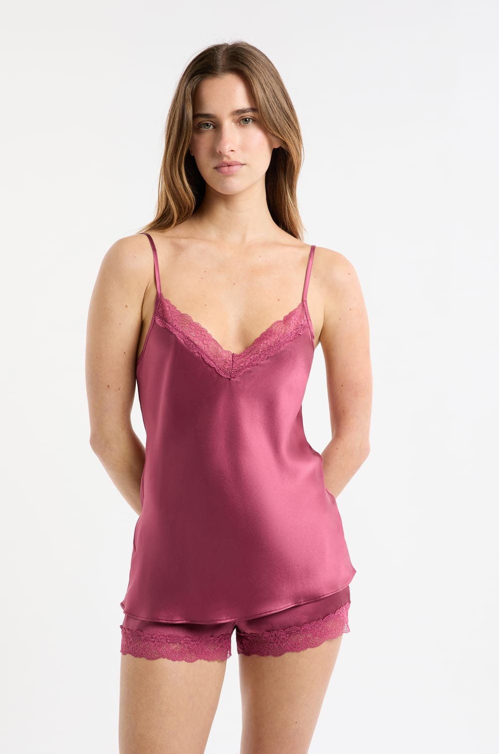 Silk Camisole with Lace Details;${refinementColor}