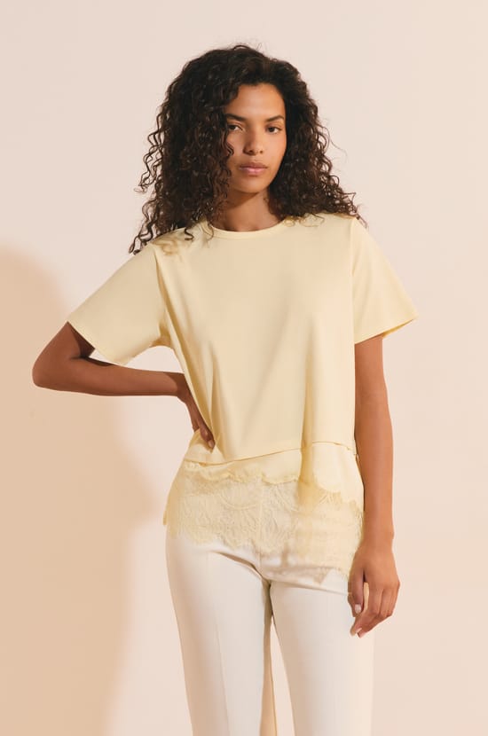 T-shirt asym&eacute;trique avec dentelle en coton;${refinementColor}