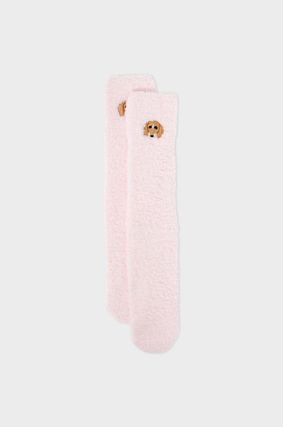 Chaussettes anti-d&eacute;rapantes en fausse fourrure avec broderie teckel;${refinementColor}