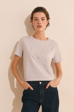 T-shirt &agrave; manches courtes en coton avec strass;${refinementColor}