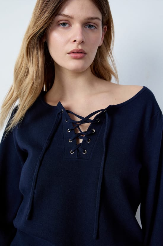 Sweater with lace-up collar;${refinementColor}