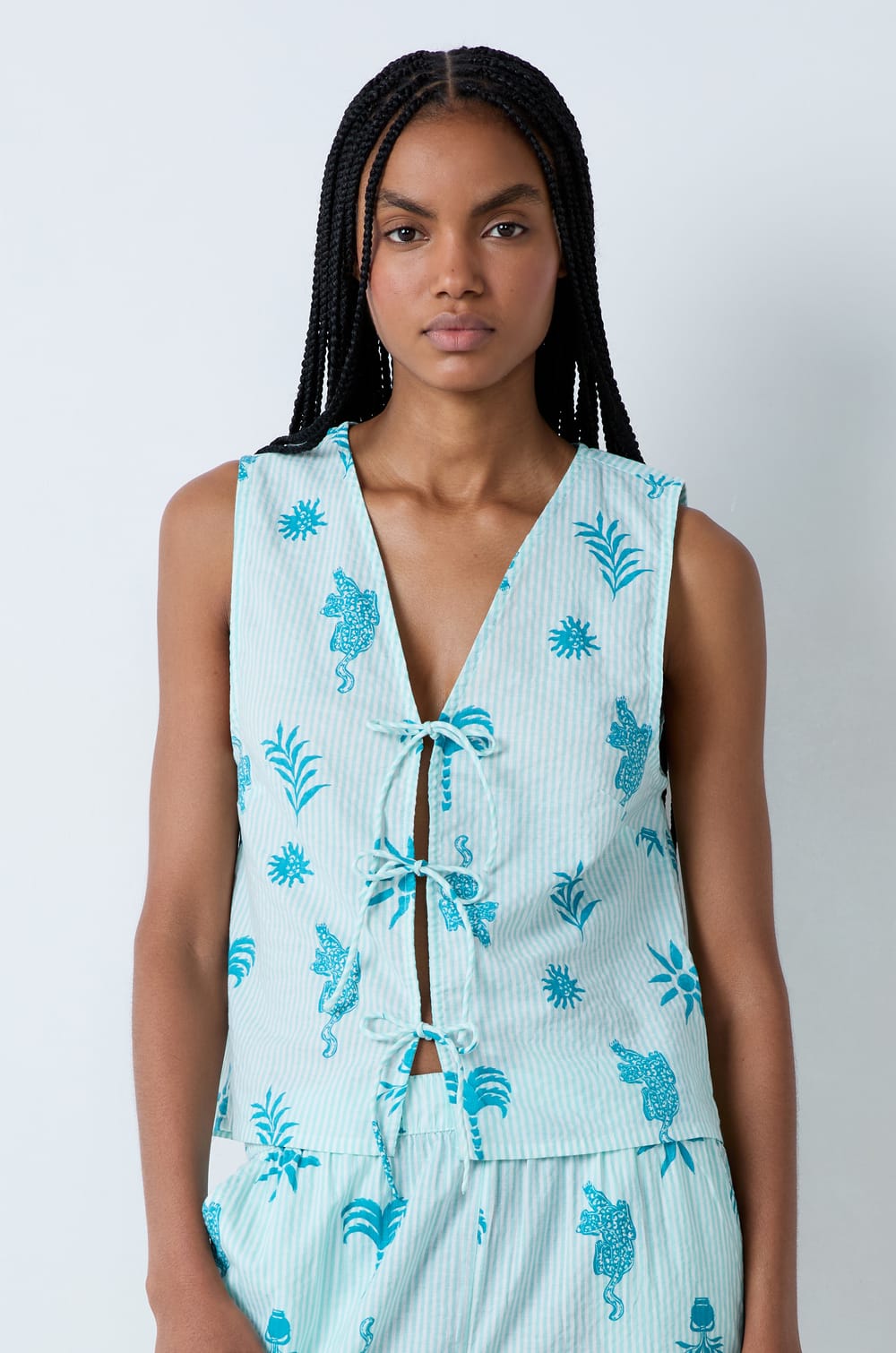 Cotton Pajama Top With Front Tie Pattern;${refinementColor}