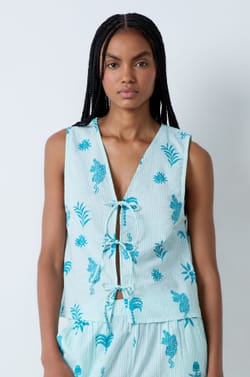 Cotton Pajama Top With Front Tie Pattern;${refinementColor}