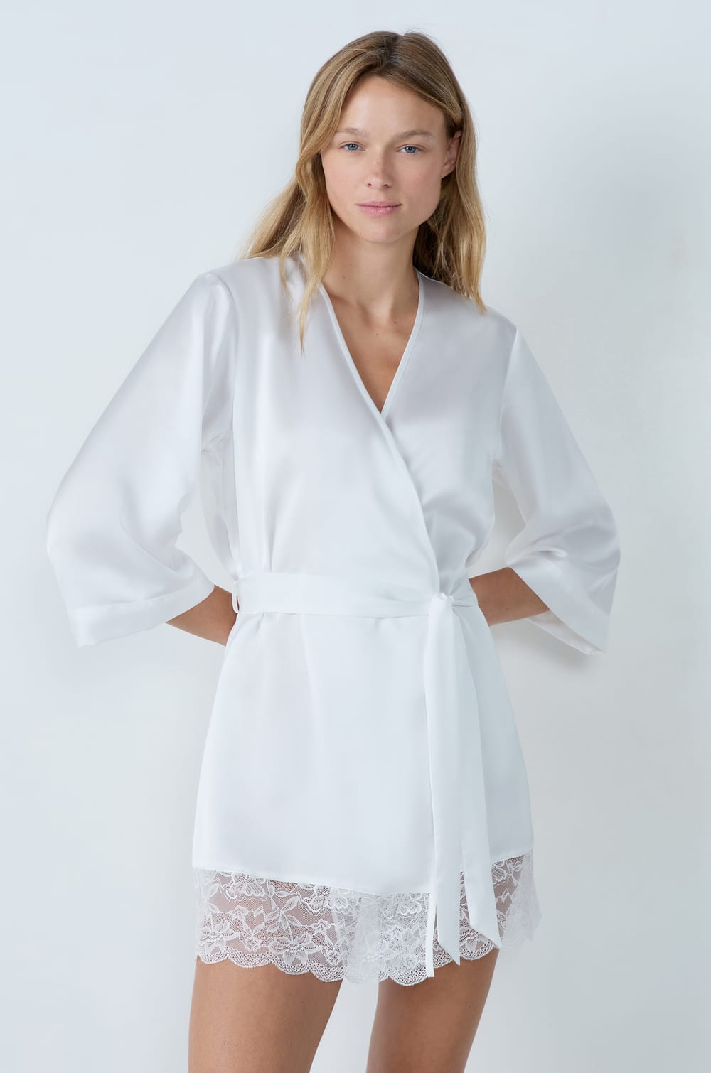 Satin Robe With Lace Details;${refinementColor}
