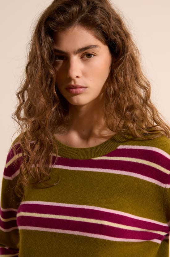 Pull col rond ray&eacute; 100% cachemire;${refinementColor}