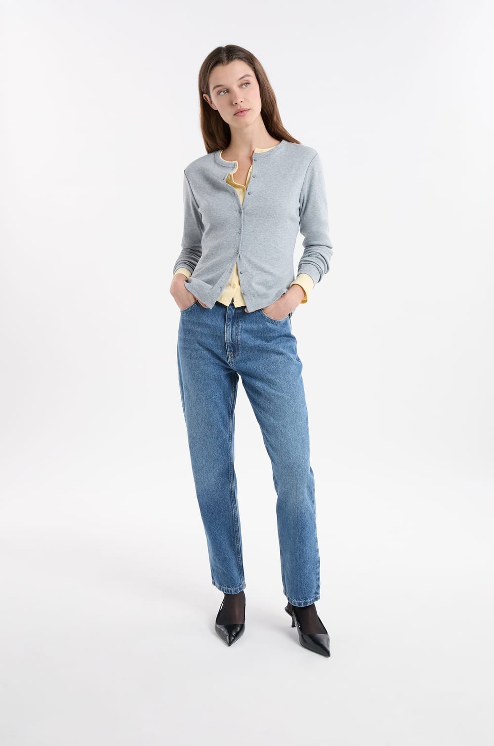 T-shirt boutonn&eacute; &agrave; manches longues en coton;${refinementColor}