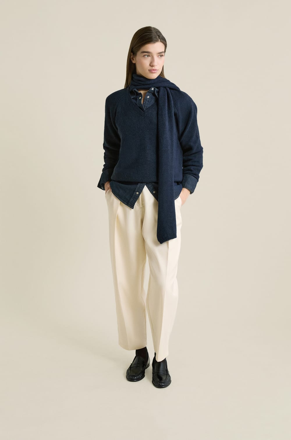 V-neck Sweater with Integrated Scarf;${refinementColor}