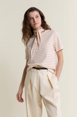 Short-sleeved striped cotton t-shirt with foulard detail;${refinementColor}