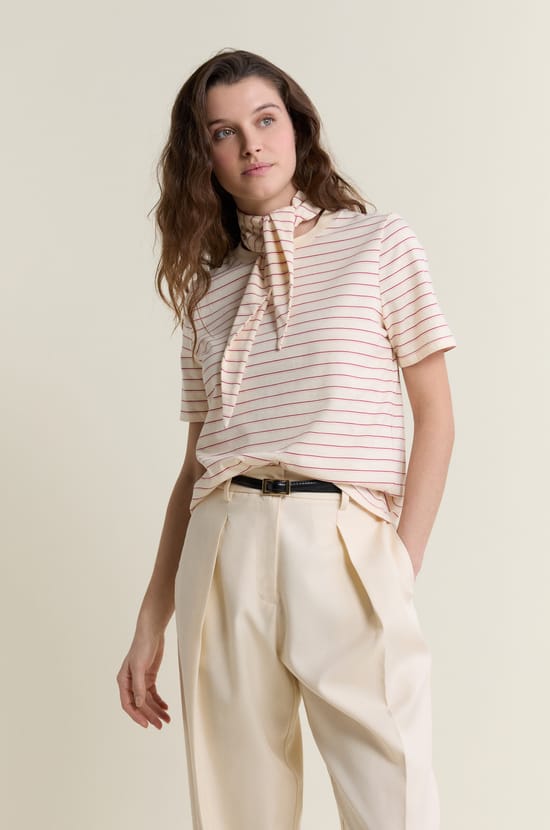 Short-sleeved striped cotton t-shirt with foulard detail;${refinementColor}