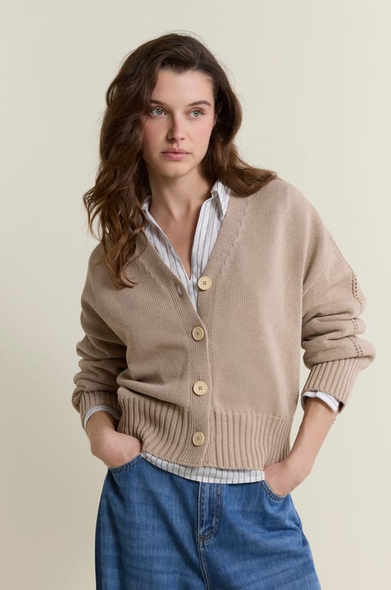 V-neck Cardigan with Cotton;${refinementColor}