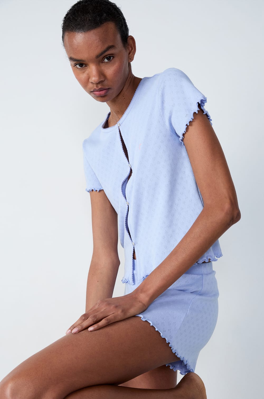 T-shirt manches courtes en coton en pointelle;${refinementColor}